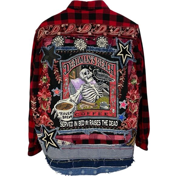 Upcycled Flannel Shirt Shacket Womens XL Jacket Coffee Grunge Patchwork Folk Art - Picture 13 of 16